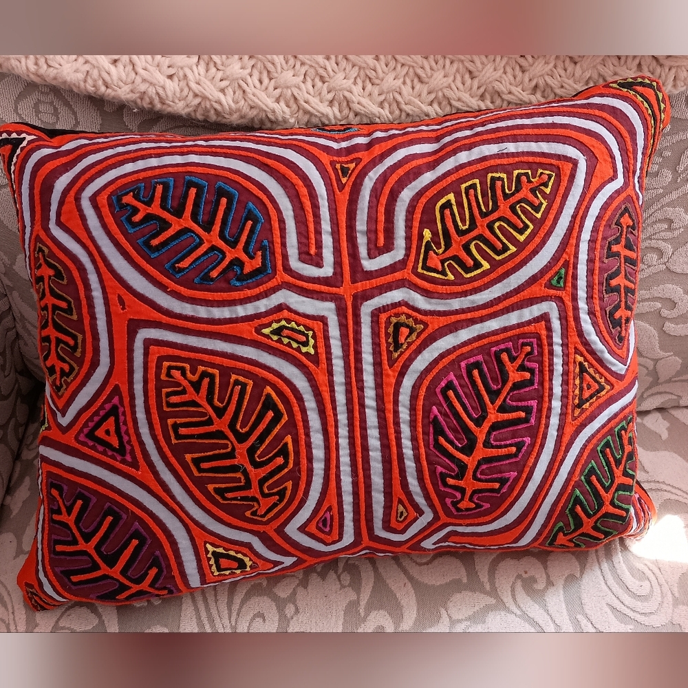 Vibrant Mola Leaf Pattern Pillow -San Blas Islands, Panama